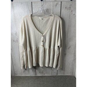 Lovely Melody Womens Beige Waffle Knit Peplum Button Top Size M Oversized